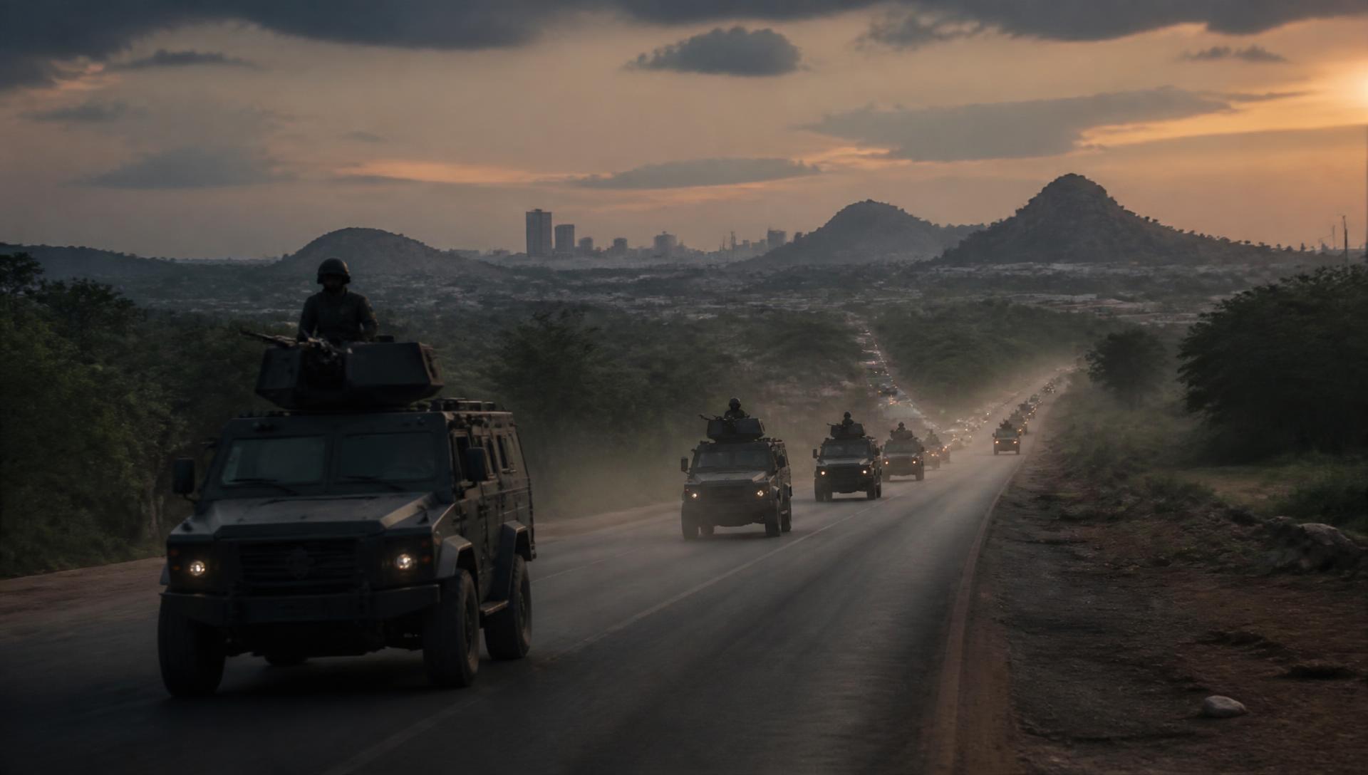 Escorted convoy on a Nigerian federal highway at dusk